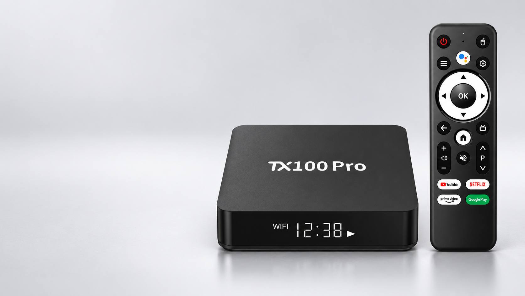 TX100 Pro dan alat kawalan jauh pada latar minimal